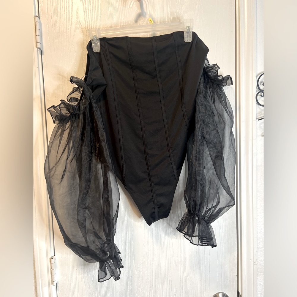 Black strapless bodysuit with sheer arms attached